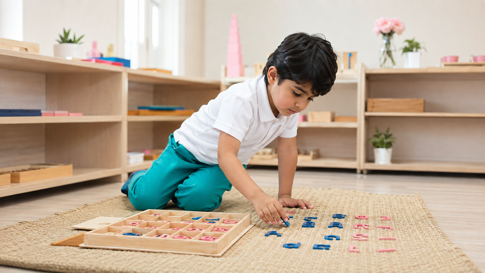 A Gulf Arab child working independently with Montessori language materials